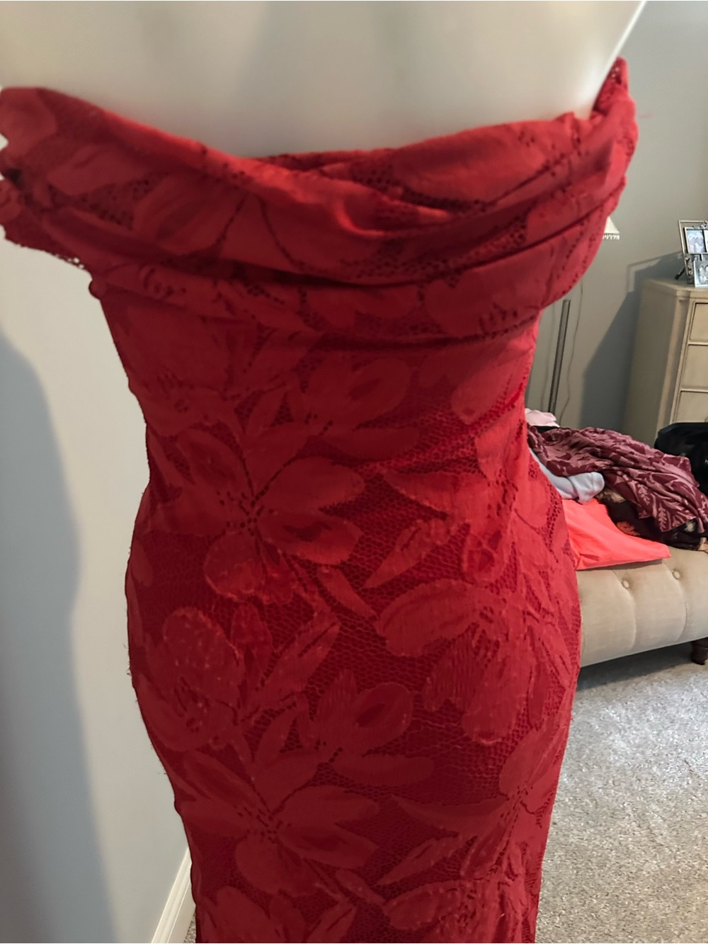 AFRM Red Off-Shoulder Floral Jacquard Gown - Picture 3 of 7